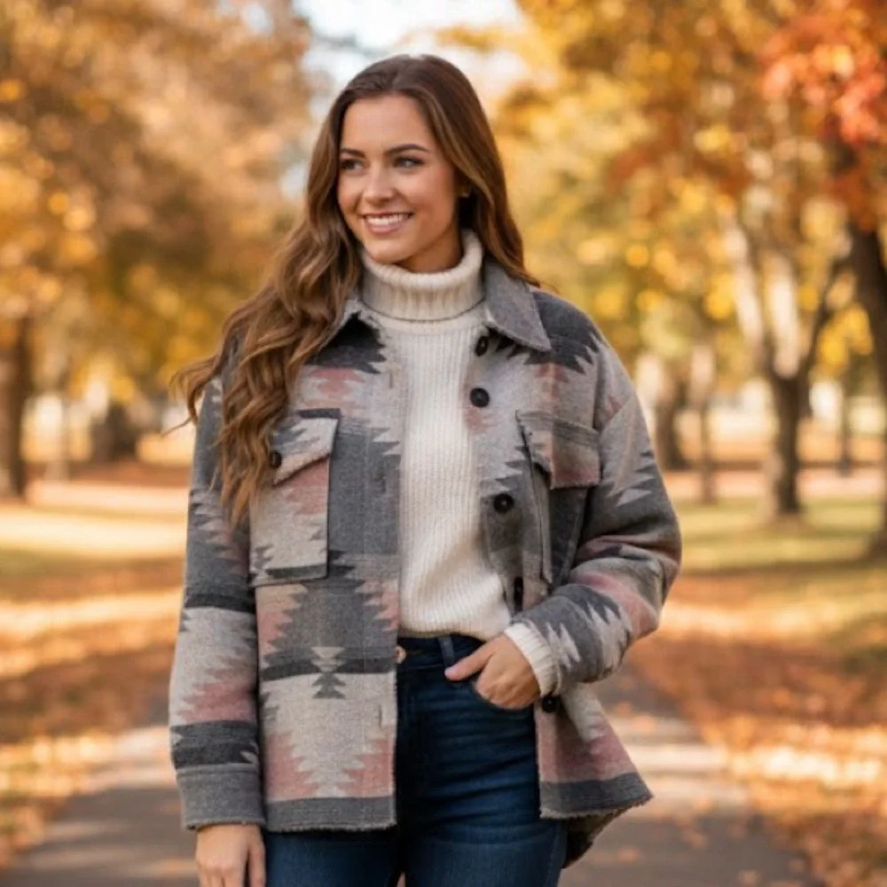 La Miel Aztec Patterned Button-Up Jacket - Picture 1 of 12